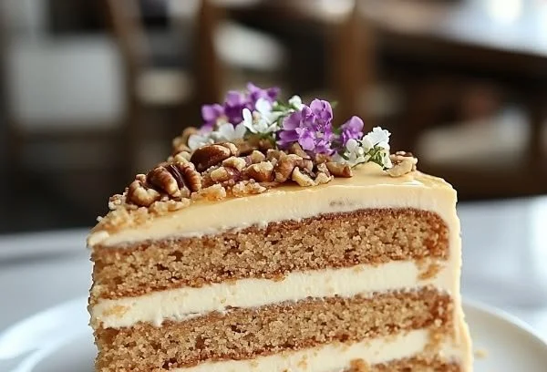Delicious slice of Russian Honey Cake with layers of cream and honey flavor