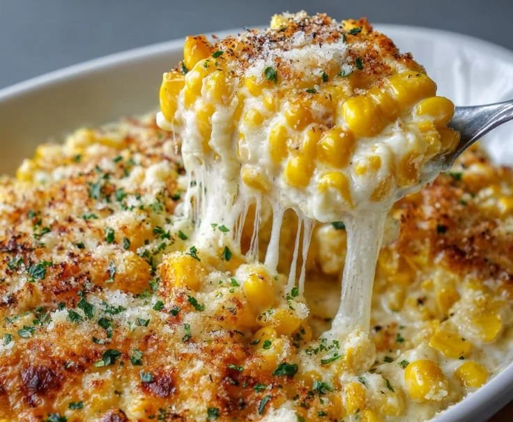 Delicious Ruth's Chris creamed corn au gratin served in a white dish