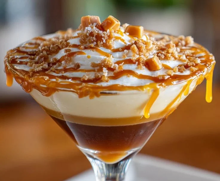 Delicious Salted Caramel Martini garnished with caramel drizzle and salt.