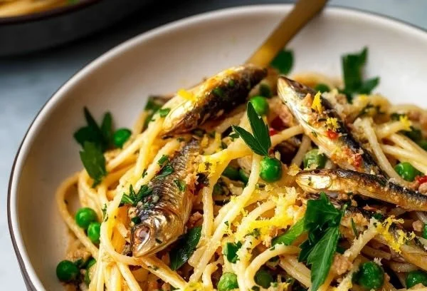 Healthy sardine pasta dish garnished with herbs and spices