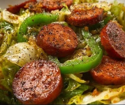 Sausage and Cabbage Stir-Fry in a skillet with colorful vegetables