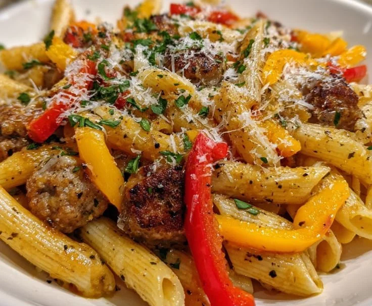Creamy Sausage & Peppers Pasta served in a bowl with fresh herbs