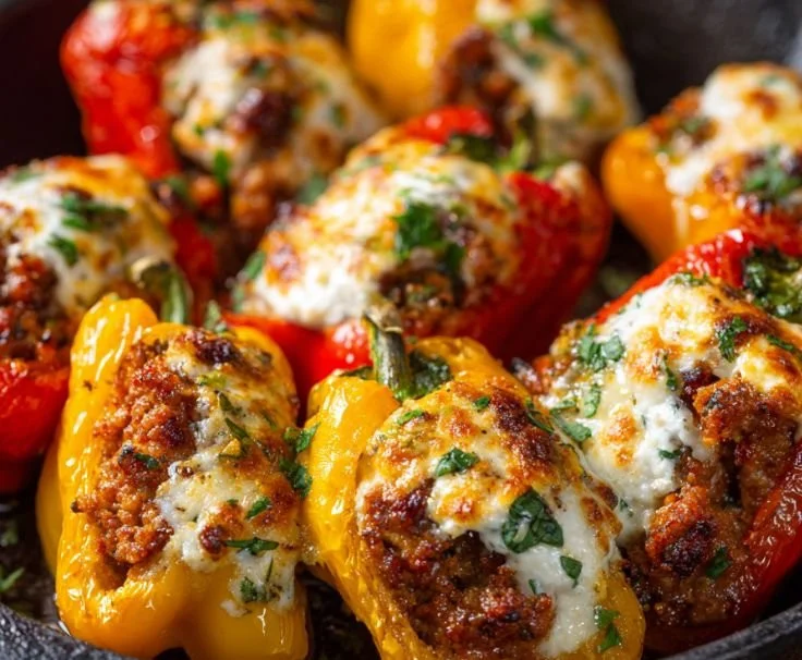 Sausage stuffed sweet mini peppers on a plate, garnished with herbs.