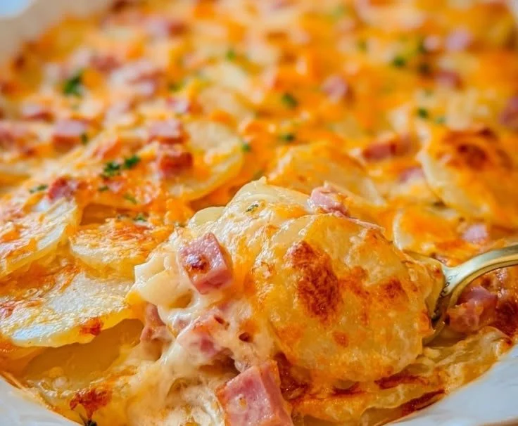 Delicious scalloped potatoes baked with ham and cheese