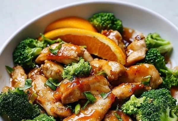 Delicious seared orange chicken served with fresh broccoli