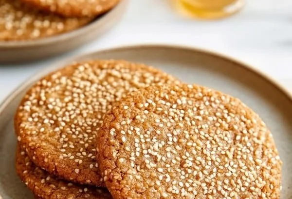 Freshly baked sesame honey cookies on a wooden table