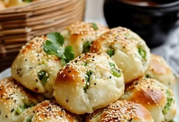 Delicious homemade Sesame Scallion Buns on a rustic wooden table