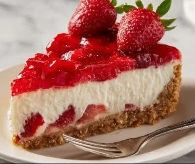 Silky strawberry cheesecake topped with fresh strawberries and whipped cream.