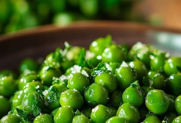 A bowl of simple sautéed green peas garnished and ready to serve.