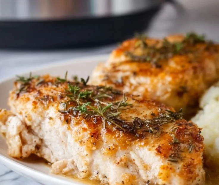 Delicious slow cooker chicken breast served on a plate with herbs