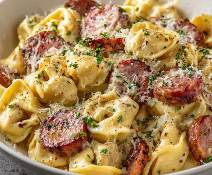 Smoked Sausage Alfredo Tortellini served in a bowl with parsley garnish.