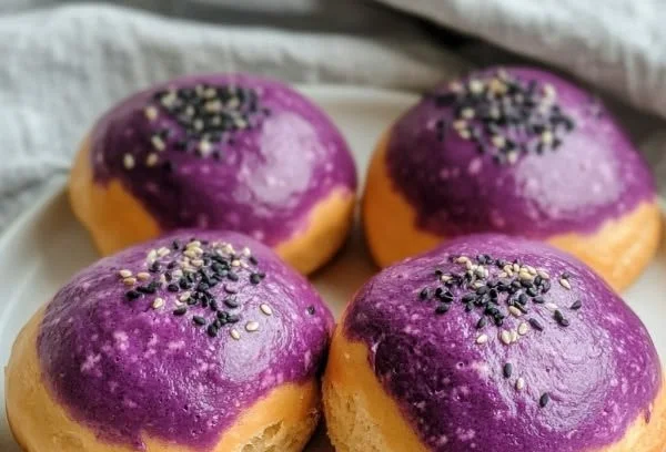 Soft purple sweet potato buns fresh out of the oven