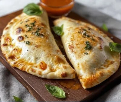Homemade sourdough calzone stuffed with cheese and vegetables on a wooden table.
