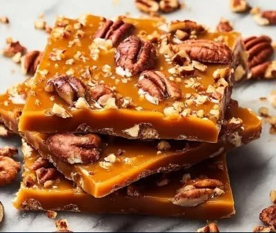 Southern Pecan Toffee with pecans and caramel on a wooden table