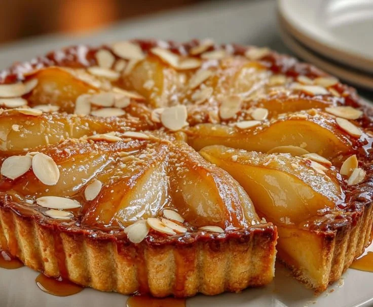 A delicious spiced pear and almond tart topped with cinnamon and almonds.