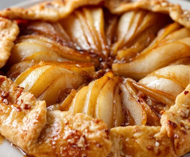 Delicious spiced pear galette with golden crust and sliced pears on a wooden table.