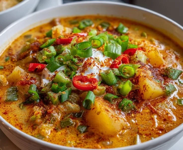 Bowl of spicy Cajun potato soup garnished with green onions and spices