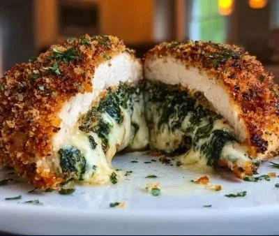 Spinach and cream cheese stuffed chicken cooked and plated for a delicious meal.