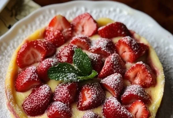 Freshly baked Strawberry Flaugnarde topped with strawberries and powdered sugar