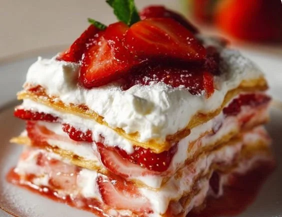 Delicious strawberry lasagna dessert with creamy layers and fresh strawberries.