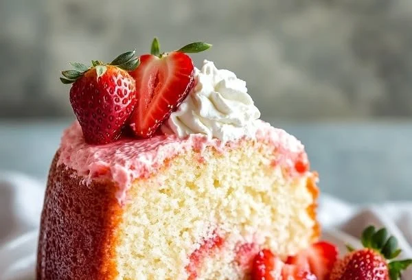 Delicious strawberry milkshake pound cake topped with whipped cream and strawberries