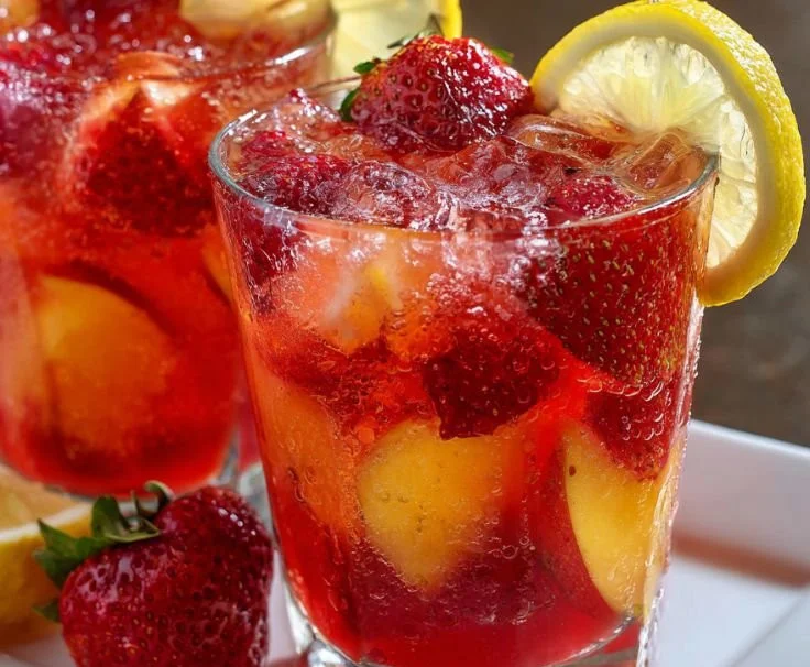 A refreshing glass of Strawberry Peach Lemonade garnished with fresh strawberries and peaches.