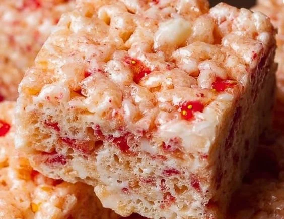 Delicious Strawberry Rice Krispie Treats on a plate with strawberries