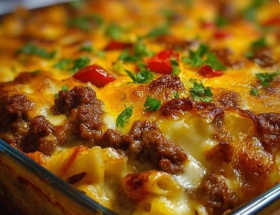 Delicious Supreme Hamburger Casserole ready to serve with toppings.