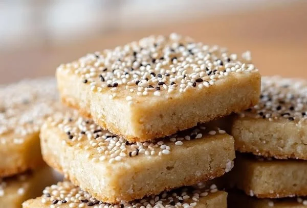 A plate of tahini shortbread cookies with a golden brown crust.