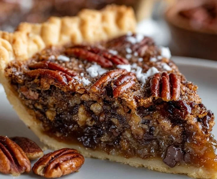 Texas-style chocolate pecan pie with rich chocolate and crunchy pecans