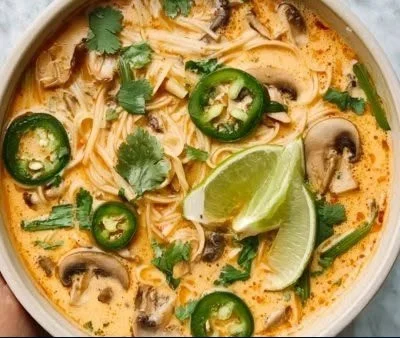A bowl of Thai Chicken Curry Soup garnished with fresh herbs and spices.