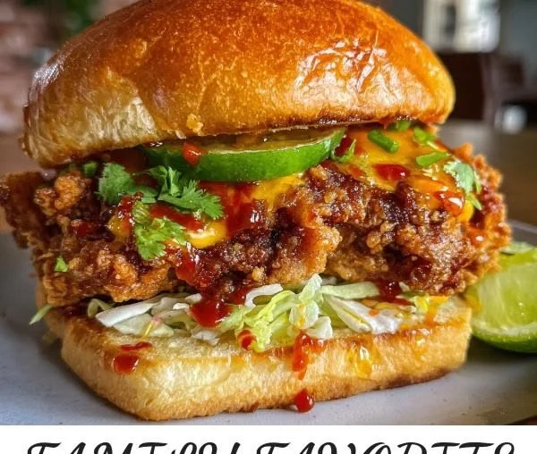 Thai-Style Crispy Chicken Sandwich topped with vibrant veggies and sauce.