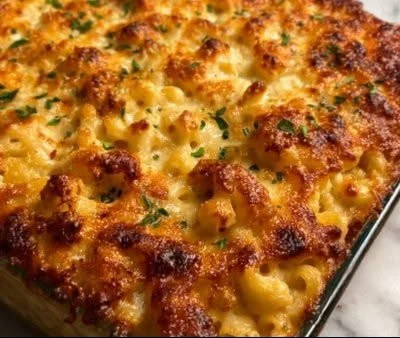 Three-Cheese Baked Ziti topped with melted cheese and herbs