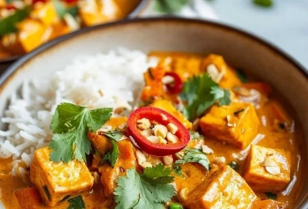 Tofu curry with sweet potatoes and peanut butter in a colorful bowl