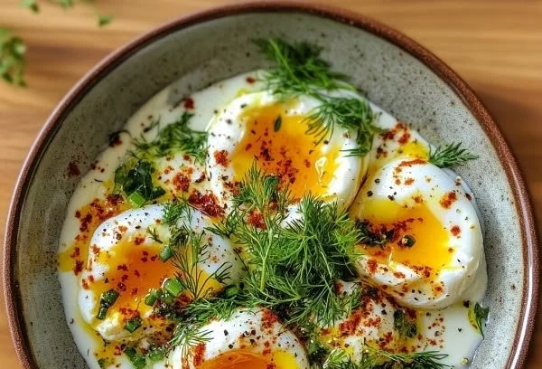 Delicious Turkish Eggs served with yogurt and spices for a delightful meal.