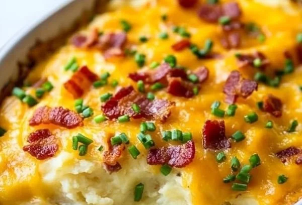 Delicious Twice-Baked Potato Casserole topped with cheese and herbs.