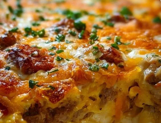 Delicious Ultimate Overnight Breakfast Casserole served in a white dish with garnish