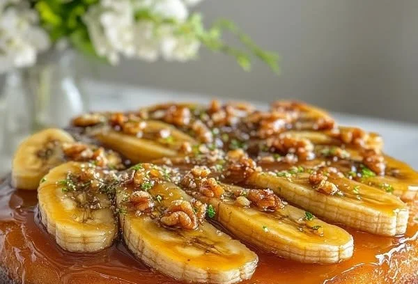 Delicious upside-down banana cake with caramelized bananas on top.
