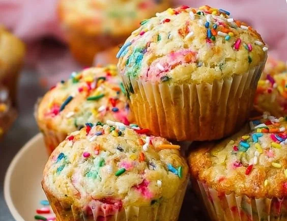 Freshly baked Vanilla Funfetti Muffins topped with colorful sprinkles