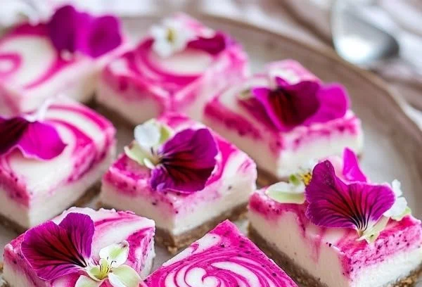 Vegan Dragon Fruit Cheesecake Bars topped with fresh dragon fruit slices