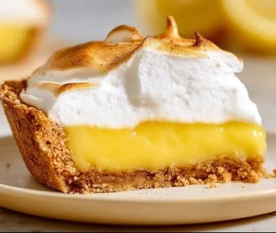 A slice of Vegan Lemon Meringue Pie with a fluffy meringue topping and lemon filling