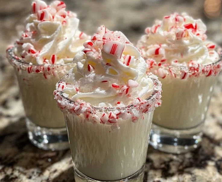 Festive white chocolate peppermint shots served in holiday-themed glasses