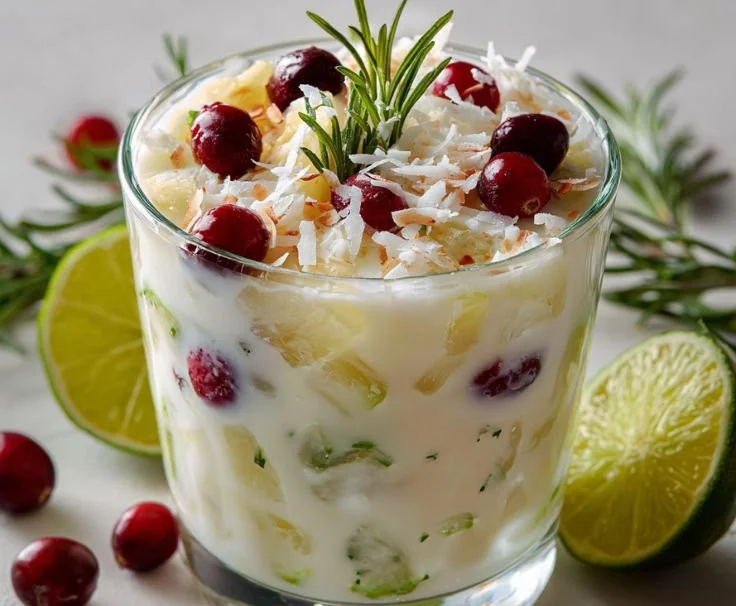 Delicious White Christmas Punch in a festive glass garnished with tropical fruits.