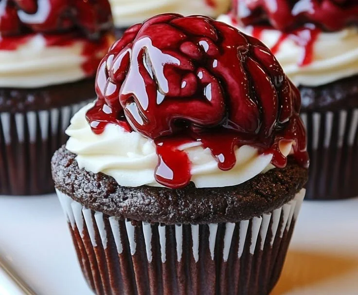 Zombie brain cupcakes decorated for Halloween celebrations