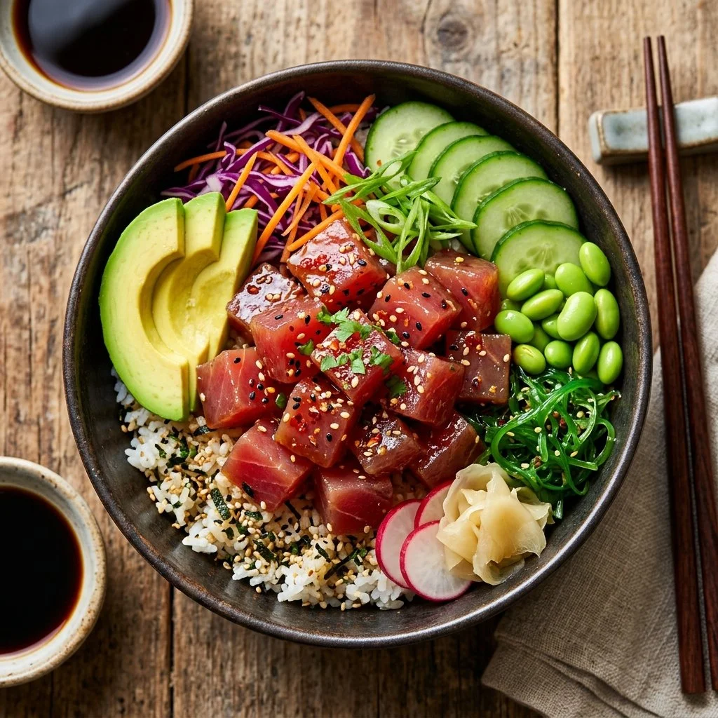 Delicious Ahi Tuna Poke Bowl with fresh ingredients and vibrant colors