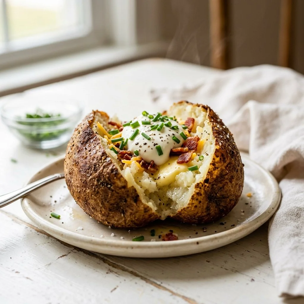 Crispy air fryer baked potato with toppings
