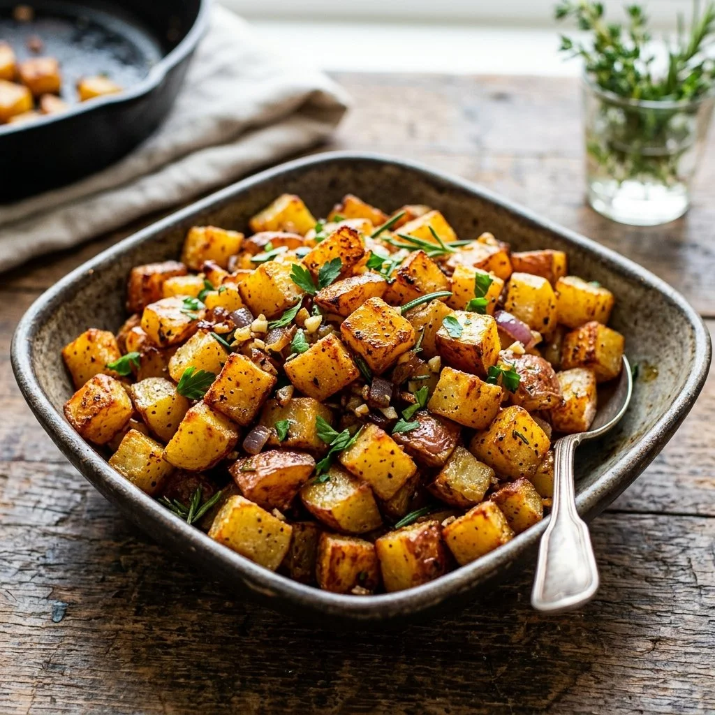 Crispy air fryer breakfast potatoes served on a plate with herbs.