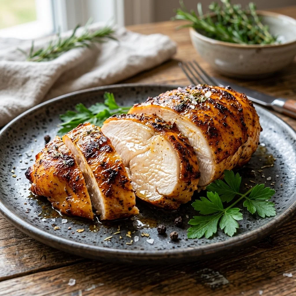 Cooked air fryer chicken breast on a plate with herbs and spices