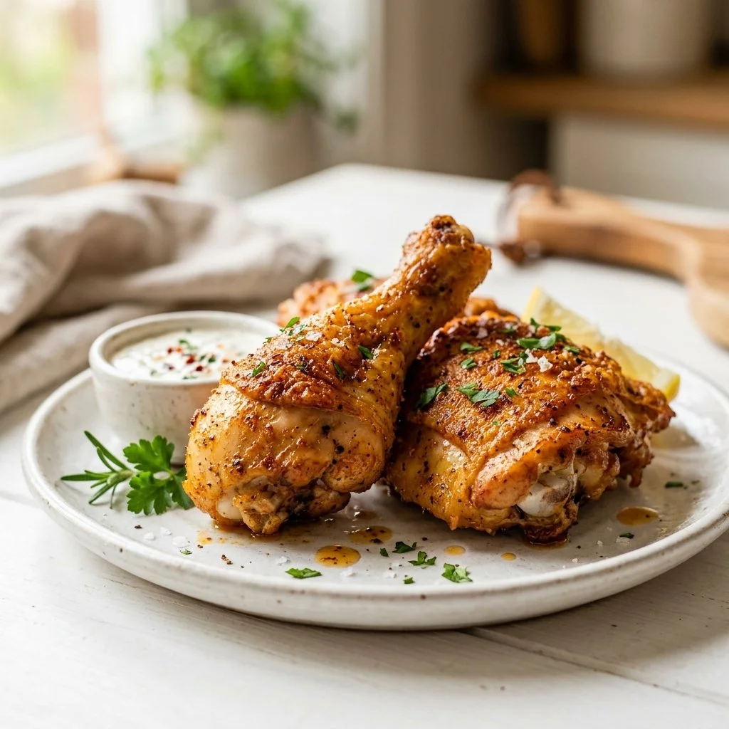 Crispy air fryer chicken served on a plate with fresh herbs and spices