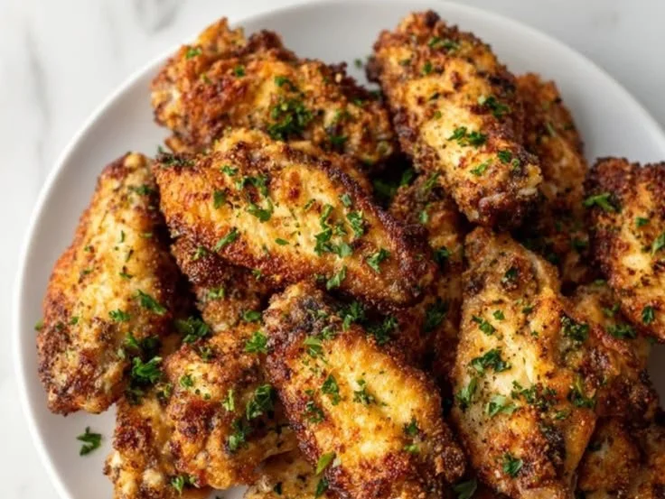 Crispy air fryer chicken wings garnished with herbs